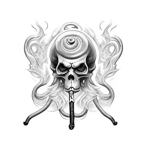 A mystical, smoking Grim Reaper surrounded by swirling smoke tendrils tattoo design idea