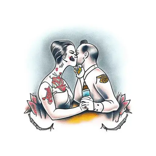 couple kissing under a bridge tattoo design idea