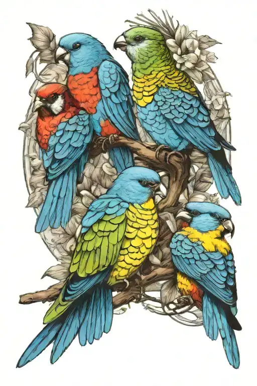A turquoise browed mot mot, a double yellow head parrot, eastern bluebird, and a red cardinal flying together tattoo design idea