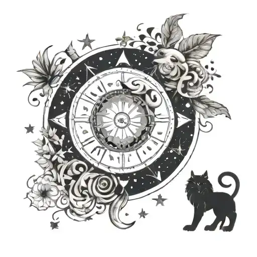 A celestial scene with the sun, moon, and stars intertwined with zodiac signs, incorporating elements of music and animals tattoo design idea