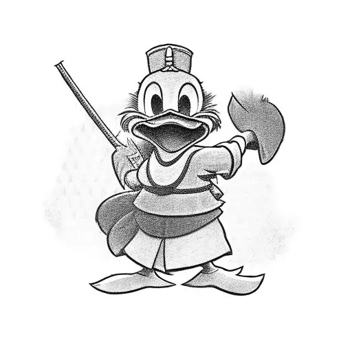 Donald Duck as a samurai warrior standing on a staircase of money tattoo design idea
