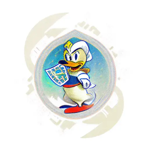 Donald Duck as a samurai warrior standing on a staircase of money tattoo design idea