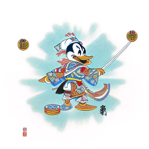 Donald Duck as a samurai warrior standing on a staircase of money tattoo design idea