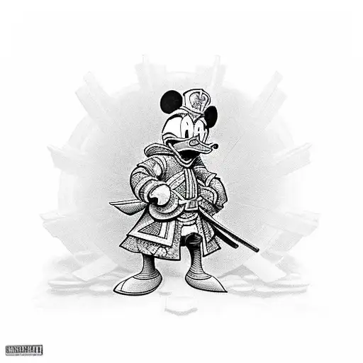 Donald Duck as a samurai warrior standing on a staircase of money tattoo design idea