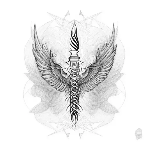 a caduceus with one black and one white wing on either side, representing duality tattoo design idea