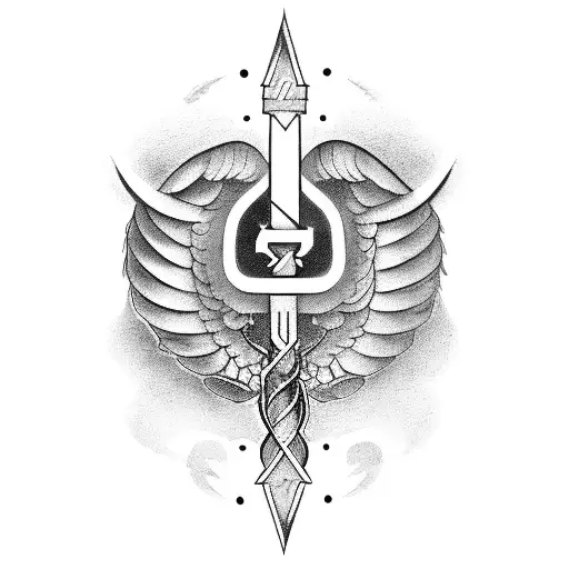 a caduceus with one black and one white wing on either side, representing duality tattoo design idea