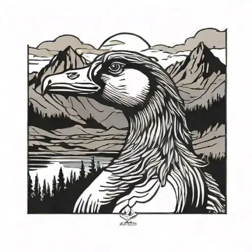 goose head profile mountain background black and white tattoo design idea