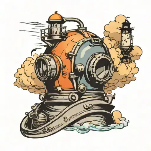 diving helmet, light house, storm clouds tattoo design idea
