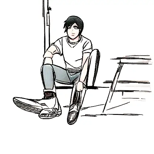 Man sitting legs crossed in front of his sport motorcycle. tattoo design idea
