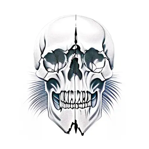 Namakubi of a skull. Dagger penetrate from behind and exit from the mouth. Tongue outside. The skull is screaming. tattoo design idea