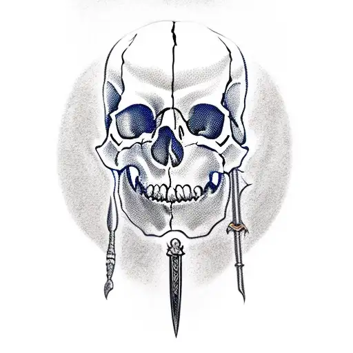 Subject Is a skull with a Dagger that penetrate the head, exit from the mouth. The skull is screaming. tattoo design idea