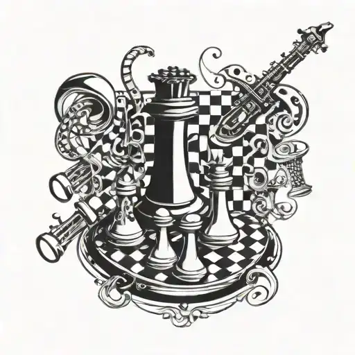 A tattoo design combining musical notes and chess pieces to represent the client's love for music and chess tattoo design idea