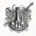 A tattoo design combining musical notes and chess pieces to represent the client's love for music and chess tattoo design idea