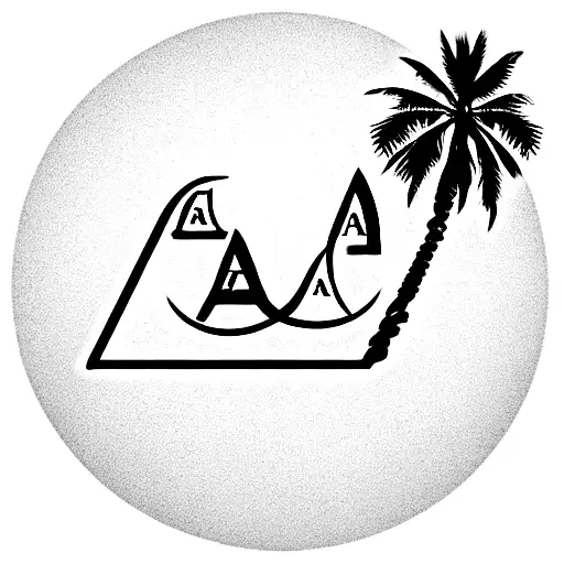 CAPITAL LETTER A, from it a the top a palm tree and a the send of the A a wave tattoo design idea