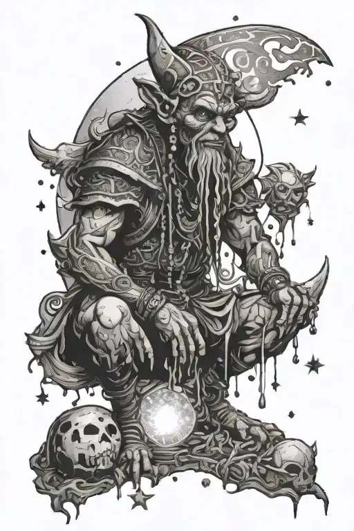 Moon and Stars and Goblin shaman surrounded tattoo design idea