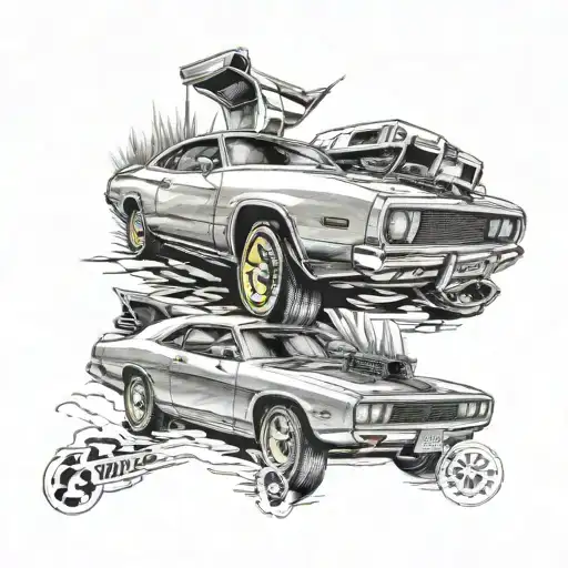 the 69 charger from dukes of hazard and the delorean from back to the future racing tattoo design idea