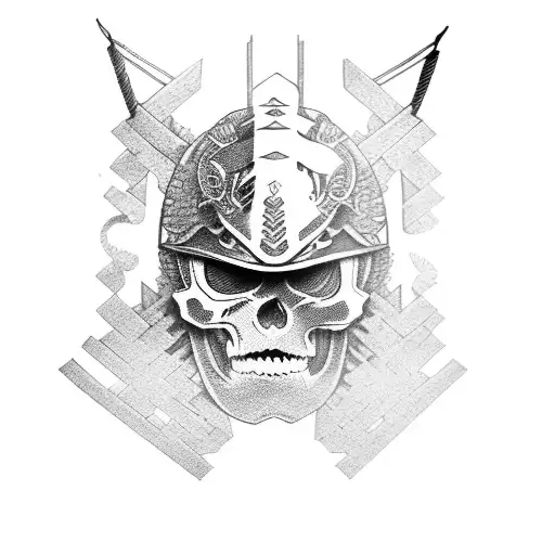 samurai with half mask on the face and the half of the revealing face being the skeleton tattoo design idea