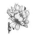 Carnation, violet, daffodil, 3 daisies, 2 poppies, chrysanthemum, narcissus tattoo design idea