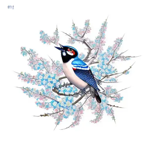 A flying Taiwanese blue magpie among sakura flowers  tattoo design idea