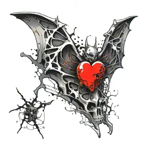Design a bat with an exposed skeleton, with its ribcage open to reveal a heart inside. The heart should have organic, an tattoo design idea