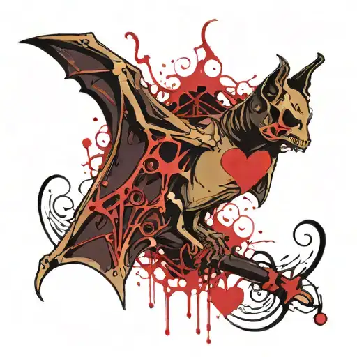 Design a bat with an exposed skeleton, with its ribcage open to reveal a heart inside. The heart should have organic, an tattoo design idea