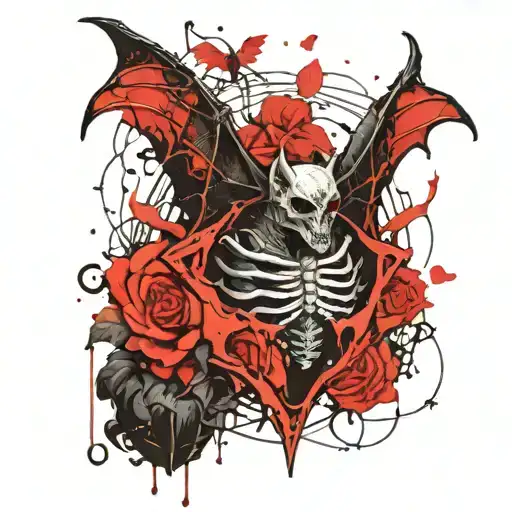 Design a bat with an exposed skeleton, with its ribcage open to reveal a heart inside. The heart should have organic, an tattoo design idea