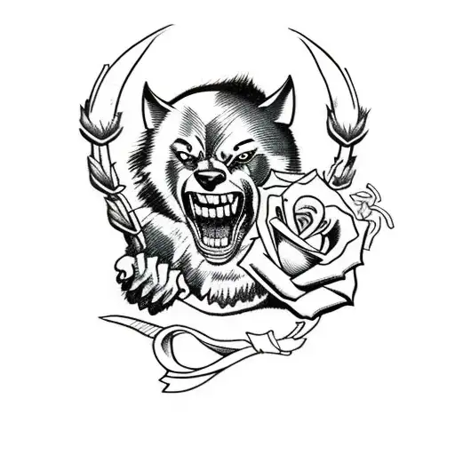 Wolverine (animal) with traditional rose and ribbon that says "Groovy" tattoo design idea
