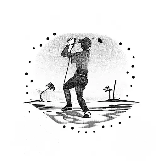 A silhouette of a person playing golf on a beach with palm trees and a sunset in the background tattoo design idea