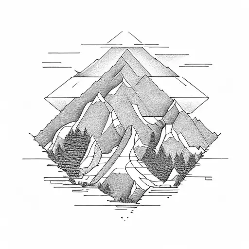 Architectural blueprint of a mountain and lake scene tattoo design idea