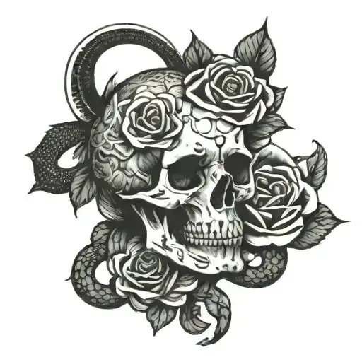 skull rose snake tattoo design idea