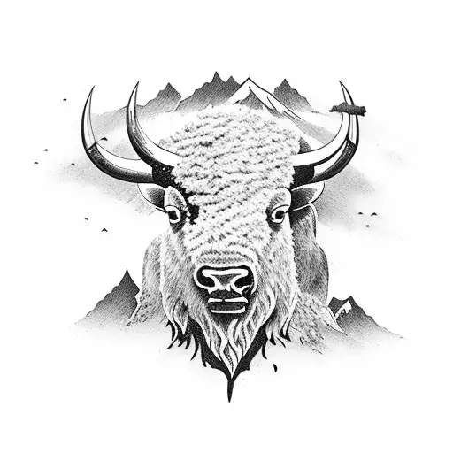 bison, mountains, waves, trout tattoo design idea