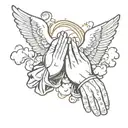praying hands with dove around the hands and angel with clouds. tattoo design idea