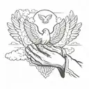 praying hands with dove around the hands and angel with clouds. tattoo design idea