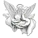 praying hands with dove around the hands and angel with clouds. tattoo design idea
