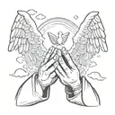 praying hands with dove around the hands and angel with clouds. tattoo design idea