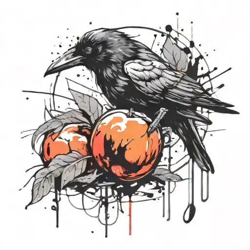 crow holding a peach fruit tattoo design idea