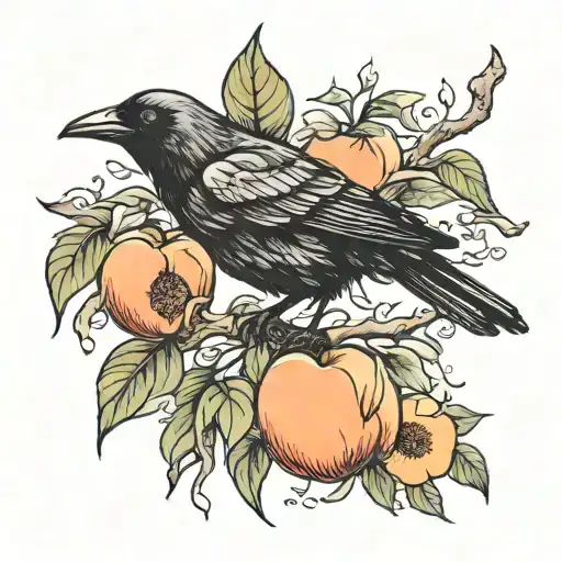 crow and peach branch tattoo design idea