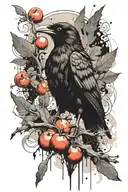 crow holding a peach fruit bat with branch tattoo design idea