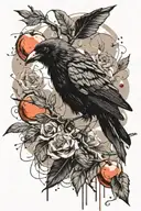 crow holding a peach fruit bat with branch tattoo design idea