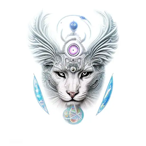 Imaginary, anthropomorphic, cosmic, omnipotent and omniscient god with blurred face tattoo design idea