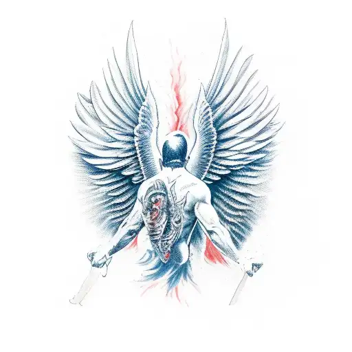 One angel wing on the left side of back and one devil wing on the right side, full back, men tatoo tattoo design idea
