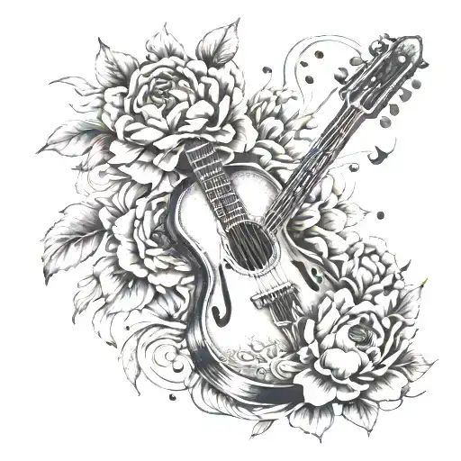 A peony flower intertwined with musical instruments like guitars and violins tattoo design idea