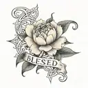 linear tattoo written "blessed" entwined with a star with a peony at the end tattoo design idea