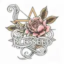 linear tattoo written "blessed" entwined with a star with a peony at the end tattoo design idea