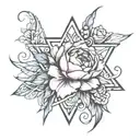 linear tattoo written "blessed" entwined with a star with a peony at the end tattoo design idea