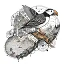 An intricate mathematical equation intertwined with hiking trails and circuitry, with a hidden puffin motif tattoo design idea