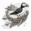 An intricate mathematical equation intertwined with hiking trails and circuitry, with a hidden puffin motif tattoo design idea