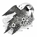 An intricate mathematical equation intertwined with hiking trails and circuitry, with a hidden puffin motif tattoo design idea