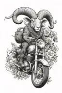 A fierce Aries ram riding a motorcycle through a field of blooming flowers, representing your bold and adventurous nature tattoo design idea