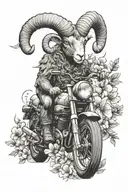 A fierce Aries ram riding a motorcycle through a field of blooming flowers, representing your bold and adventurous nature tattoo design idea